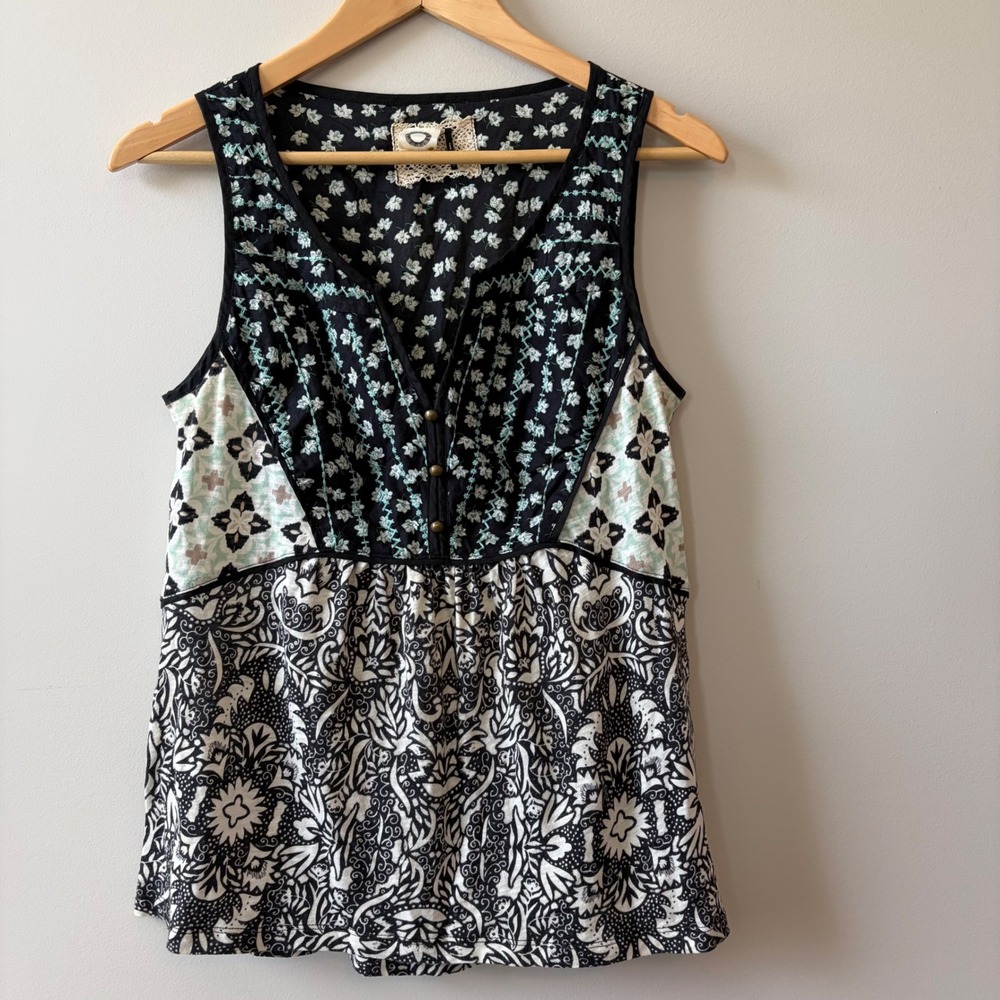 Akemi + Kin Anthropologie Mixed Print Floral Boho Sleeveless Top Black Mint S